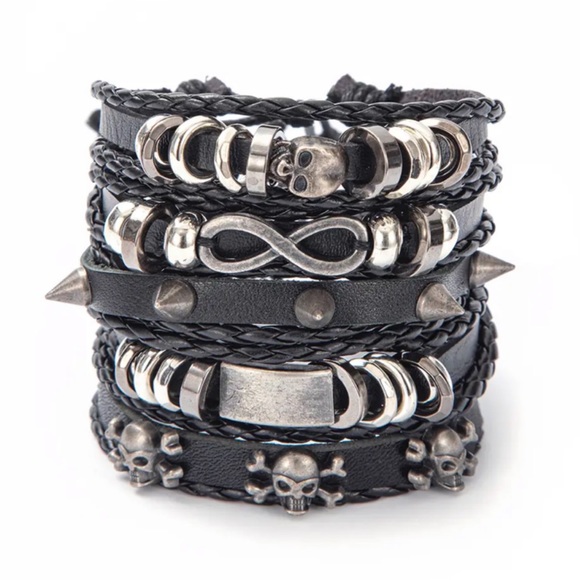 5 Pcs Set Punk Rock Infinity Skull Braided Leather Rope Bracelets - Picture 2 of 14